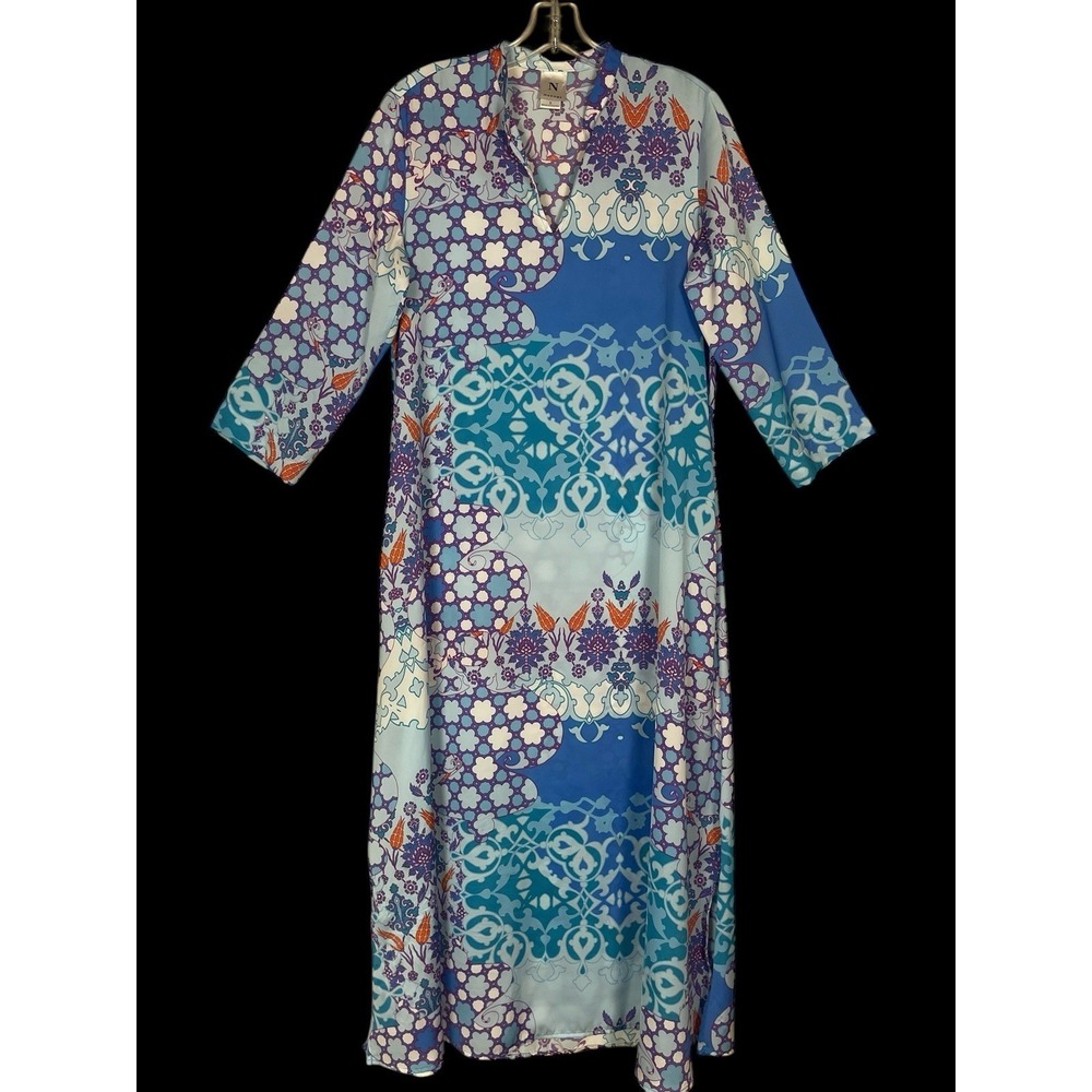 Natori Abstract Floral Blue Kaftan Maxi Dress Womens S Satin Lounge Resort Beach - Picture 2 of 9